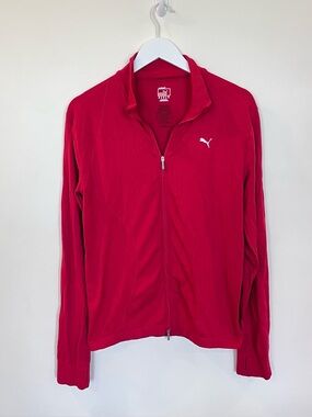 PUMA Track Jacket Full Zip Athletic Stretch Thumb Hole Workout Red Womens Xl